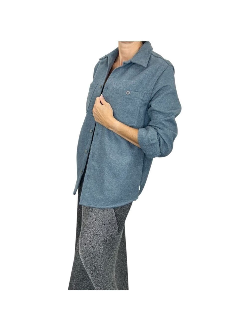 Onia minimalist wool blend blue boxy thick button down shirt jacket shacket S
